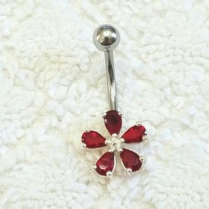 925 SS Stamped Red Flower CZ Navel Ring